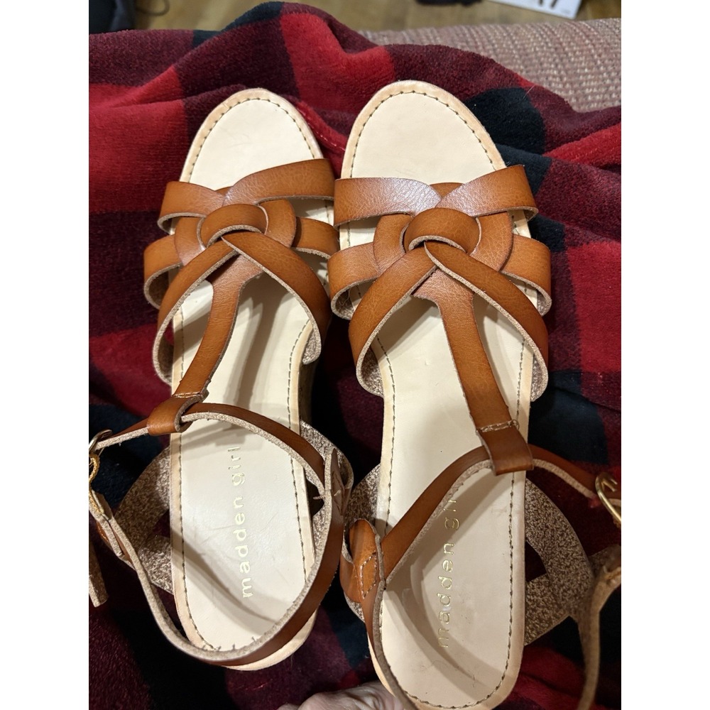 Steve Madden Girls, High Heel Wedge Brown Faux Leather Sandal Shoes Size 8M